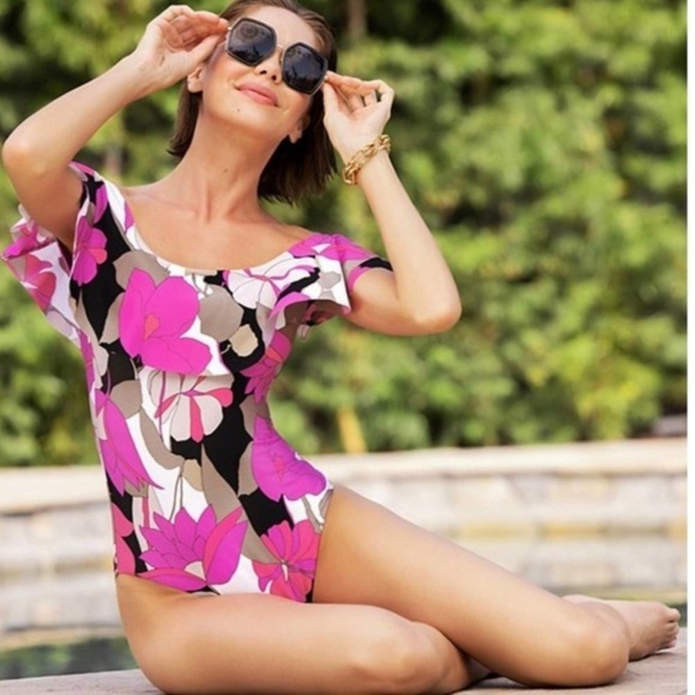Trina Turk Lynx Floral Print Ruffle‎ Off-the-Shoulder One Piece Swimsuit Size 12